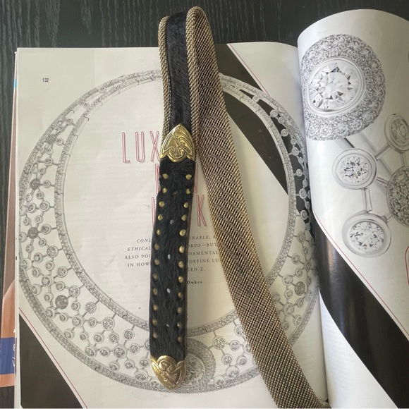 Vintage USMECO Paris Designer Black Calf Hair Gold Mesh Belt Glam Ornate Belt - Picture 5 of 10